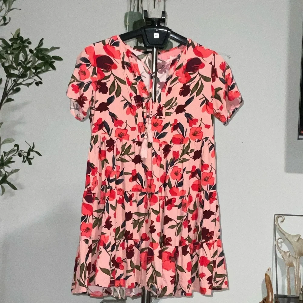 Vibrant Floral Midi Dress in Pink and Red - Picture 1 of 5